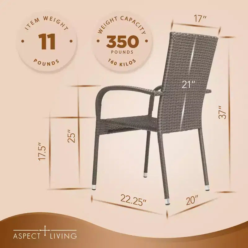 Aspect Living Morgan Set di 2 sedie impilabili da esterno in vimini, intrecciate a mano, per tutte le stagioni, telaio in acciaio verniciato a polvere, leggere, per veranda, cortile, giardino, balcone