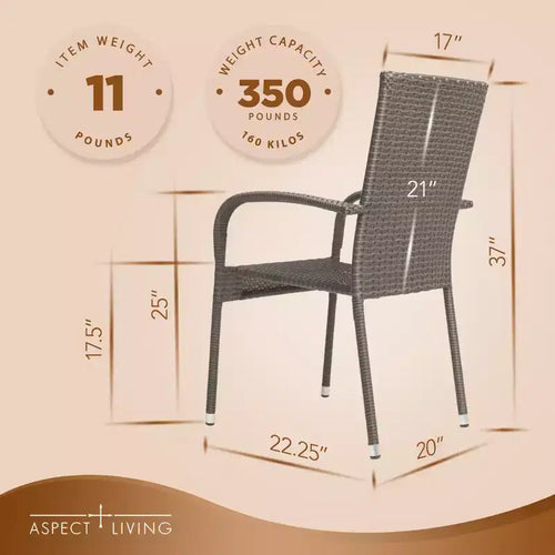 Aspect Living Morgan Set di 2 sedie impilabili da esterno in vimini, intrecciate a mano, per tutte le stagioni, telaio in acciaio verniciato a polvere, leggere, per veranda, cortile, giardino, balcone