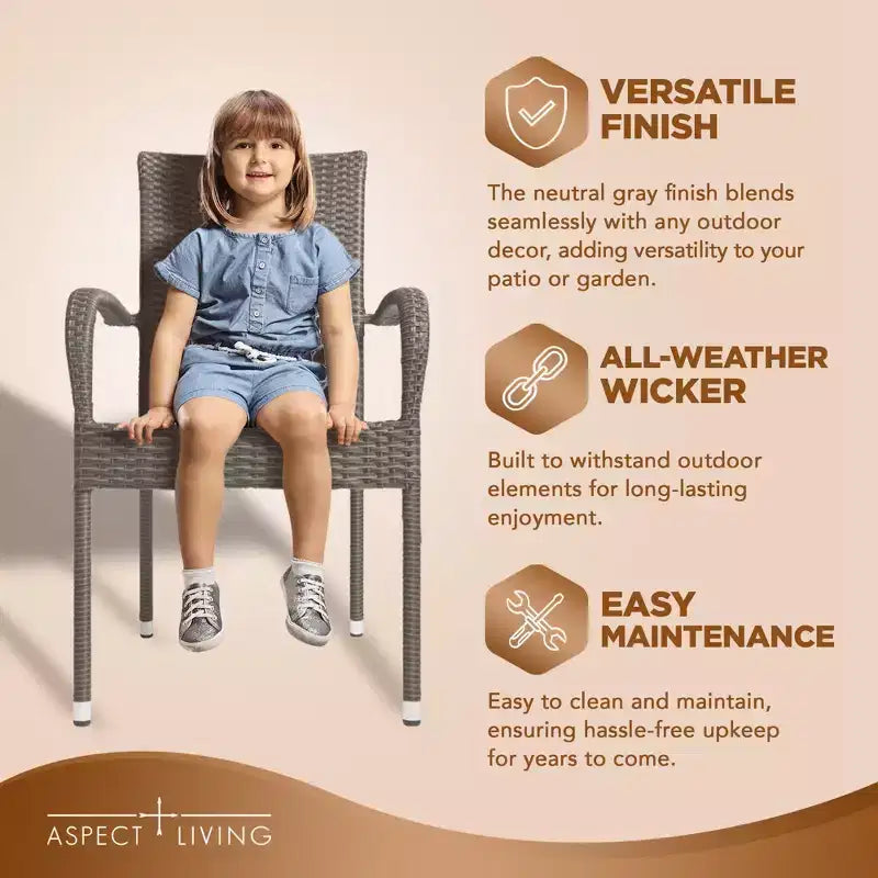Aspect Living Morgan Set di 2 sedie impilabili da esterno in vimini, intrecciate a mano, per tutte le stagioni, telaio in acciaio verniciato a polvere, leggere, per veranda, cortile, giardino, balcone