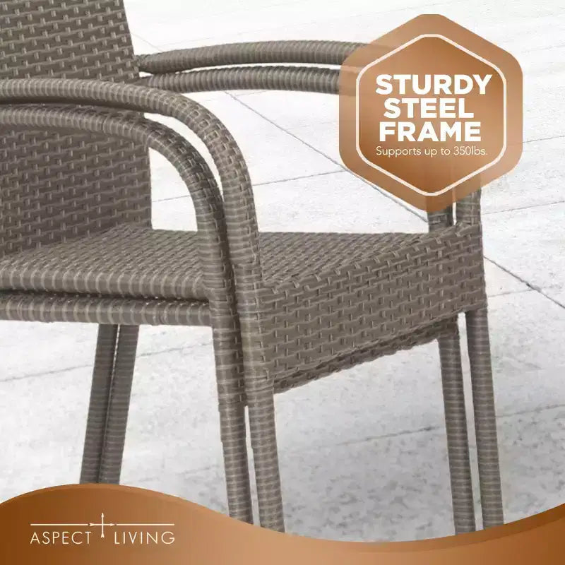 Aspect Living Morgan Set di 2 sedie impilabili da esterno in vimini, intrecciate a mano, per tutte le stagioni, telaio in acciaio verniciato a polvere, leggere, per veranda, cortile, giardino, balcone