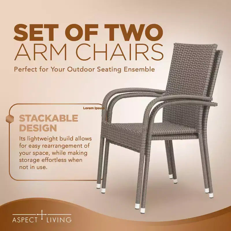 Aspect Living Morgan Set di 2 sedie impilabili da esterno in vimini, intrecciate a mano, per tutte le stagioni, telaio in acciaio verniciato a polvere, leggere, per veranda, cortile, giardino, balcone