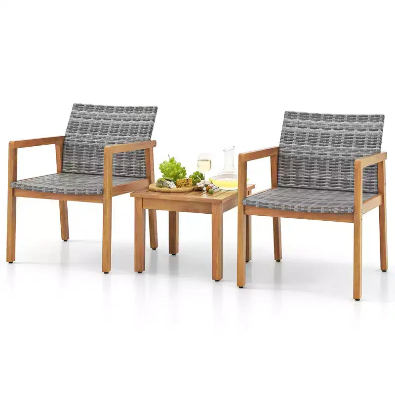 Set di Mobili da Esterno Costway 3 Pezzi, Set Divani con Telaio in Legno di Acacia e Seduta in Rattan