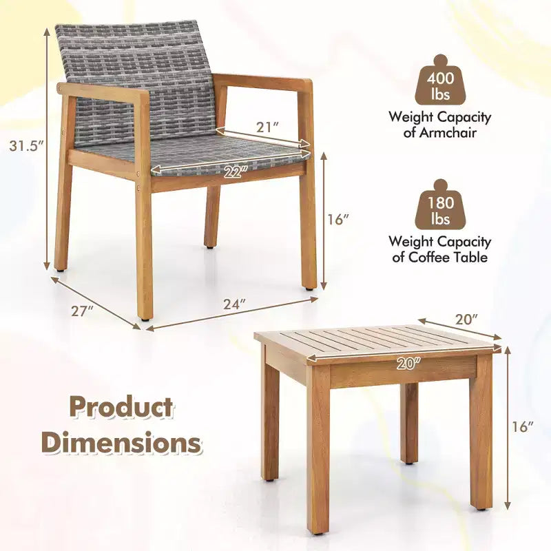 Set di Mobili da Esterno Costway 3 Pezzi, Set Divani con Telaio in Legno di Acacia e Seduta in Rattan