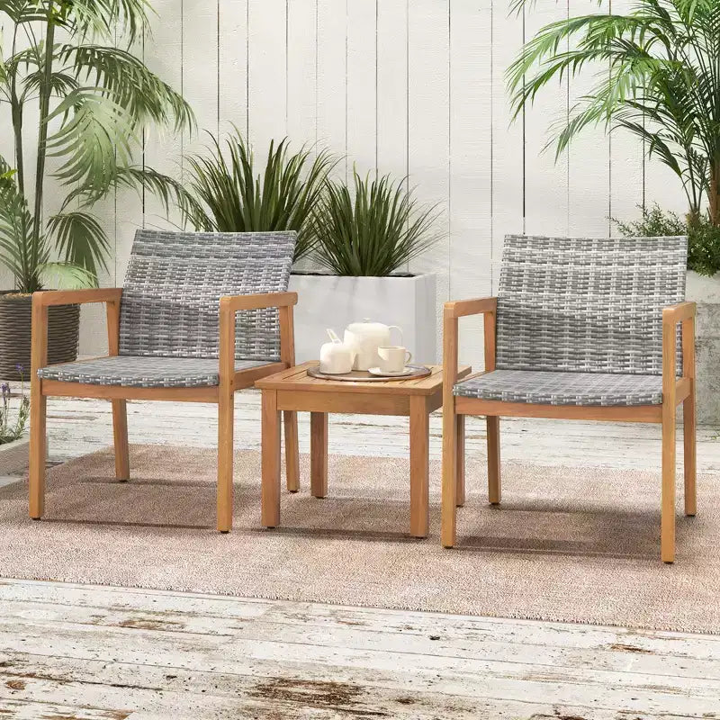 Set di Mobili da Esterno Costway 3 Pezzi, Set Divani con Telaio in Legno di Acacia e Seduta in Rattan