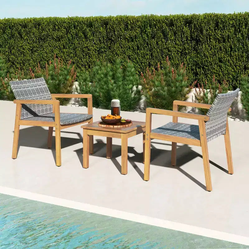 Set di Mobili da Esterno Costway 3 Pezzi, Set Divani con Telaio in Legno di Acacia e Seduta in Rattan