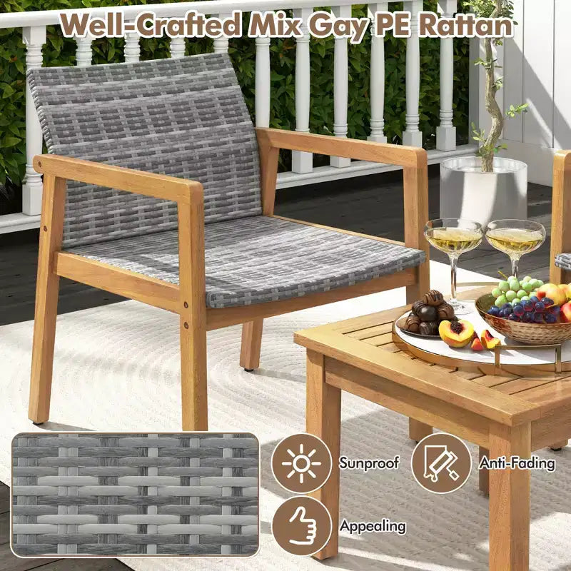 Set di Mobili da Esterno Costway 3 Pezzi, Set Divani con Telaio in Legno di Acacia e Seduta in Rattan