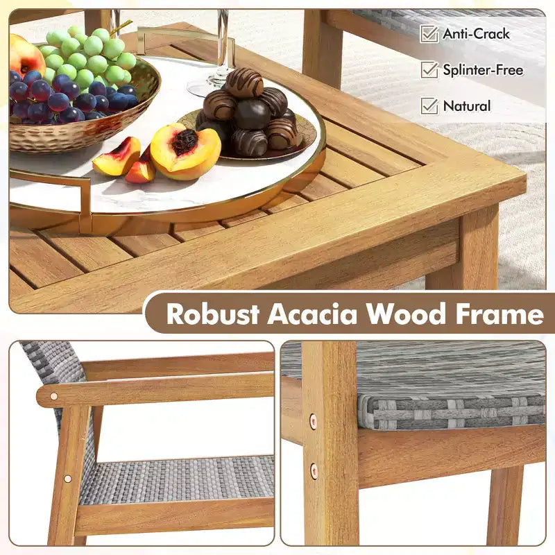 Set di Mobili da Esterno Costway 3 Pezzi, Set Divani con Telaio in Legno di Acacia e Seduta in Rattan