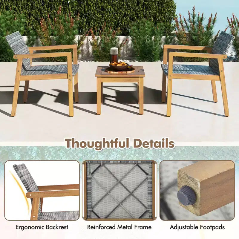Set di Mobili da Esterno Costway 3 Pezzi, Set Divani con Telaio in Legno di Acacia e Seduta in Rattan