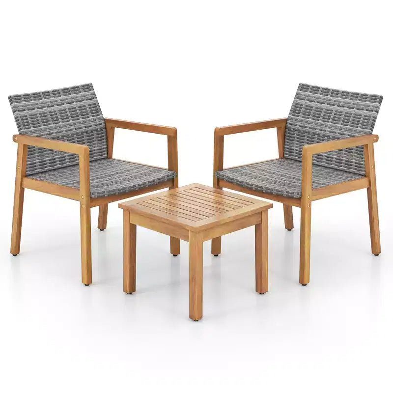 Set di Mobili da Esterno Costway 3 Pezzi, Set Divani con Telaio in Legno di Acacia e Seduta in Rattan