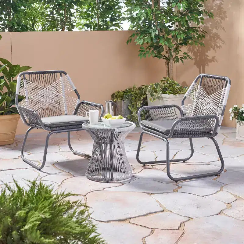 Christopher Knight Home Milano Set da conversazione da esterno a 3 pezzi in vimini con cuscini, Grigio/Bianco