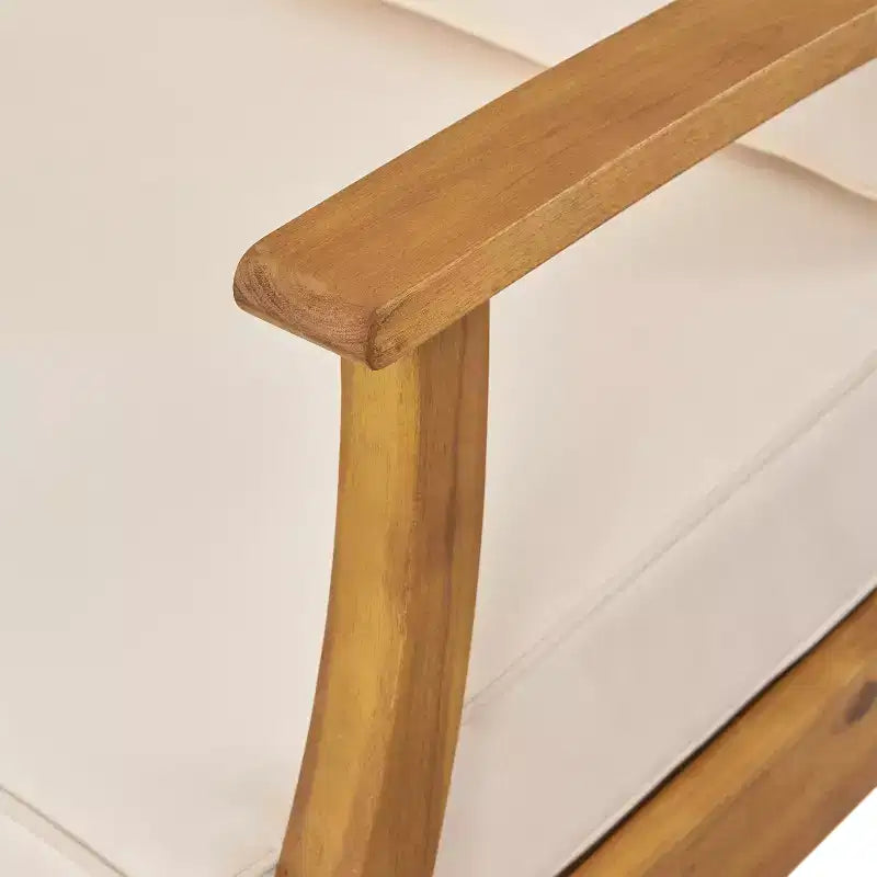 Set divano angolare a 6 posti e poltrona da conversazione GDFStudio Abena per esterni in legno di acacia con cuscini