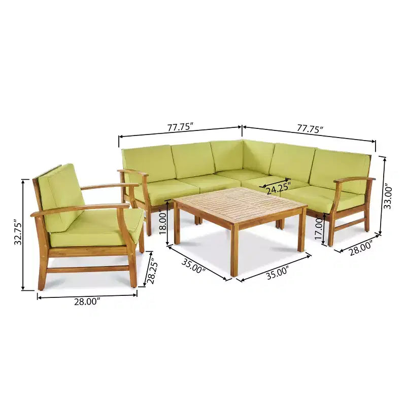 Set divano angolare a 6 posti e poltrona da conversazione GDFStudio Abena per esterni in legno di acacia con cuscini