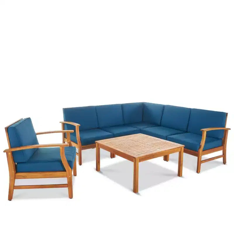 Set divano angolare a 6 posti e poltrona da conversazione GDFStudio Abena per esterni in legno di acacia con cuscini