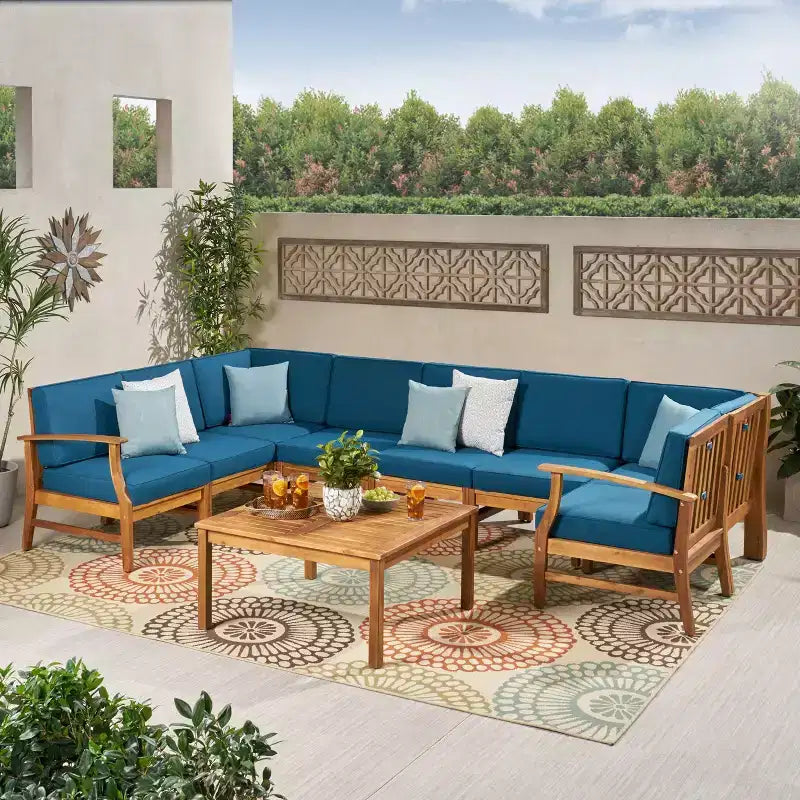 GDFStudio Abena Set Conversazione Sezionale a U a 8 Posti per Esterni in Legno di Acacia con Cuscini
