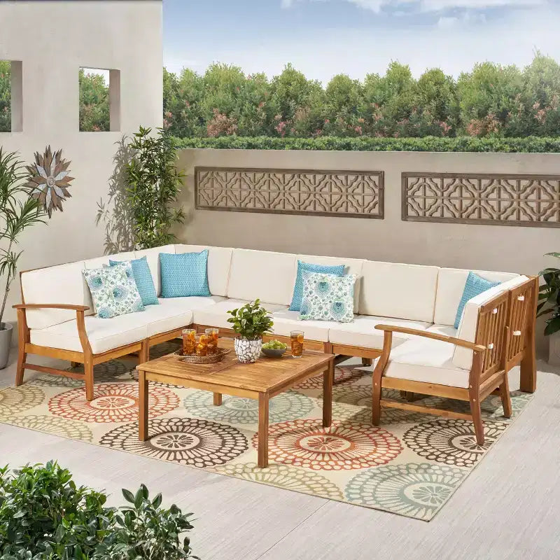 GDFStudio Abena Set Conversazione Sezionale a U a 8 Posti per Esterni in Legno di Acacia con Cuscini