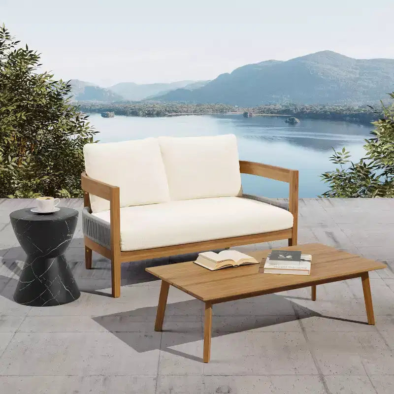 Christopher Knight Home Fawn Set Tavolino e Divanetto da Esterno Moderno in Legno di Acacia, Beige/Teak