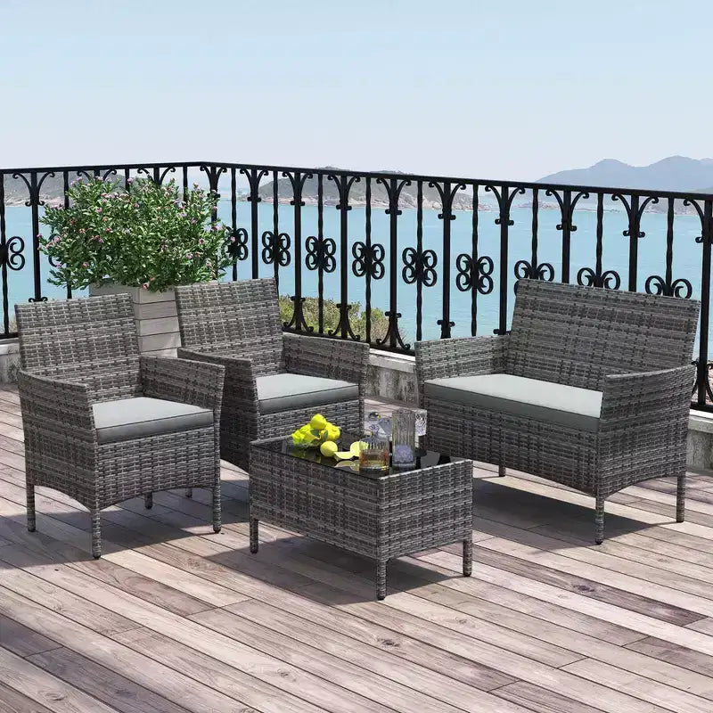 Costway Set di 4 Mobili da Giardino con Cuscini Lavabili e Tavolino da Caffè con Piano in Vetro Temperato Grigio