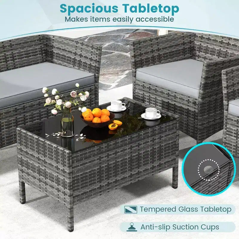 Costway Set di 4 Mobili da Giardino con Cuscini Lavabili e Tavolino da Caffè con Piano in Vetro Temperato Grigio
