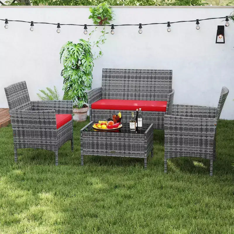Costway Set di 4 Mobili da Giardino con Cuscini Lavabili e Tavolino da Caffè con Piano in Vetro Temperato Grigio