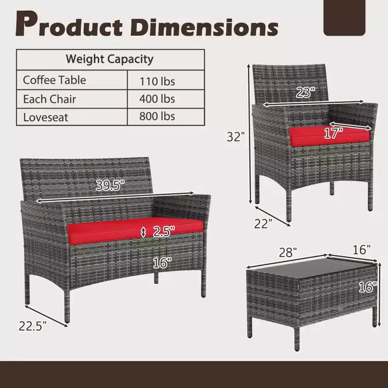 Costway Set di 4 Mobili da Giardino con Cuscini Lavabili e Tavolino da Caffè con Piano in Vetro Temperato Grigio