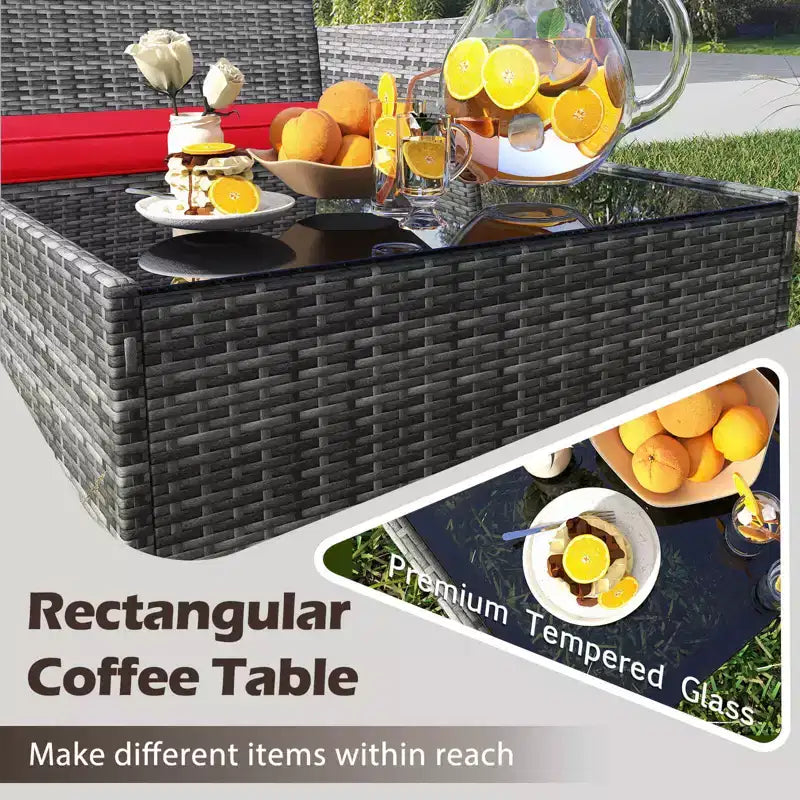 Costway Set di 4 Mobili da Giardino con Cuscini Lavabili e Tavolino da Caffè con Piano in Vetro Temperato Grigio