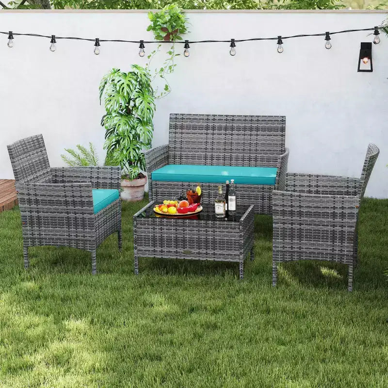 Costway Set di 4 Mobili da Giardino con Cuscini Lavabili e Tavolino da Caffè con Piano in Vetro Temperato Grigio