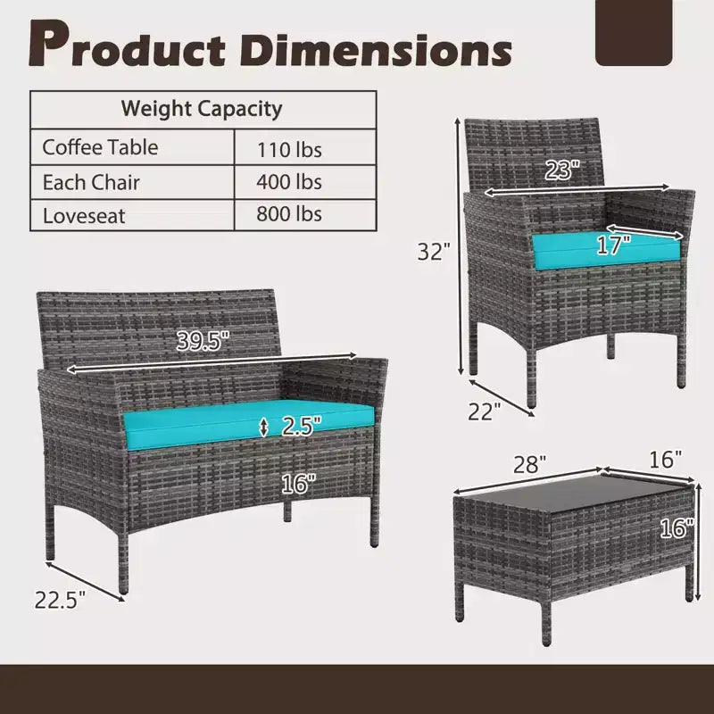 Costway Set di 4 Mobili da Giardino con Cuscini Lavabili e Tavolino da Caffè con Piano in Vetro Temperato Grigio