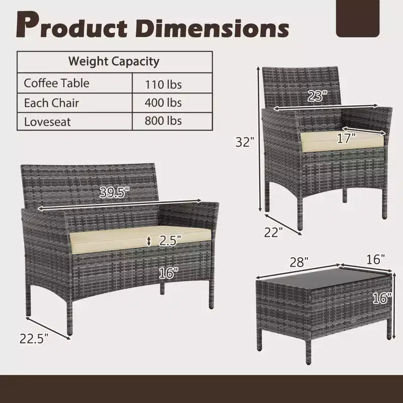 Costway Set di 4 Mobili da Giardino con Cuscini Lavabili e Tavolino da Caffè con Piano in Vetro Temperato Grigio