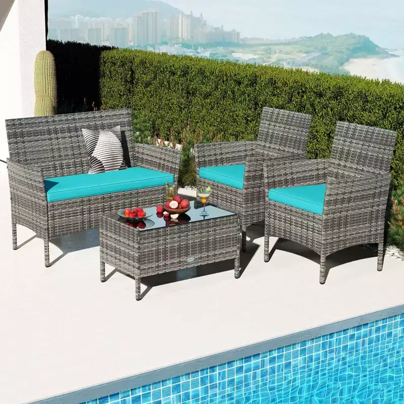 Costway Set di 4 Mobili da Giardino con Cuscini Lavabili e Tavolino da Caffè con Piano in Vetro Temperato Grigio