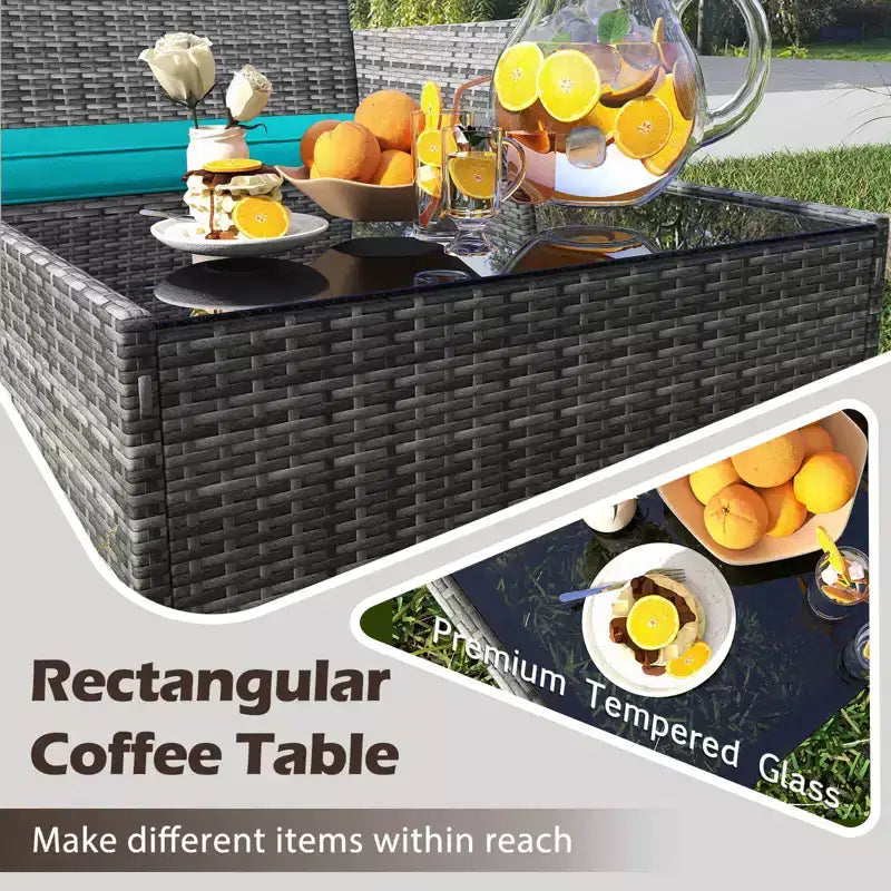 Costway Set di 4 Mobili da Giardino con Cuscini Lavabili e Tavolino da Caffè con Piano in Vetro Temperato Grigio