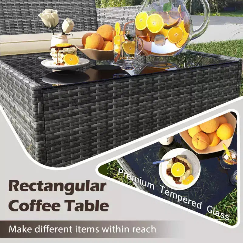 Costway Set di 4 Mobili da Giardino con Cuscini Lavabili e Tavolino da Caffè con Piano in Vetro Temperato Grigio