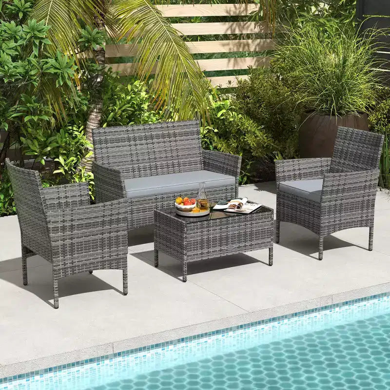 Costway Set di 4 Mobili da Giardino con Cuscini Lavabili e Tavolino da Caffè con Piano in Vetro Temperato Grigio