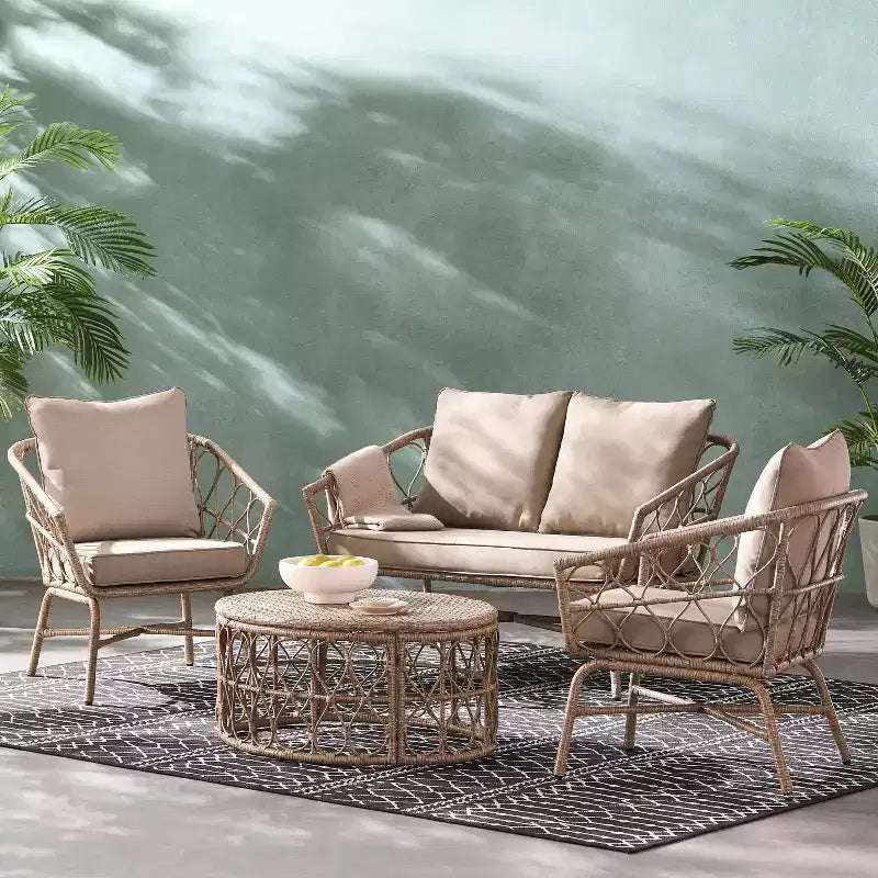 GDFStudio Colmar Set da salotto da esterno a 4 posti in vimini con cuscini, marrone chiaro/beige