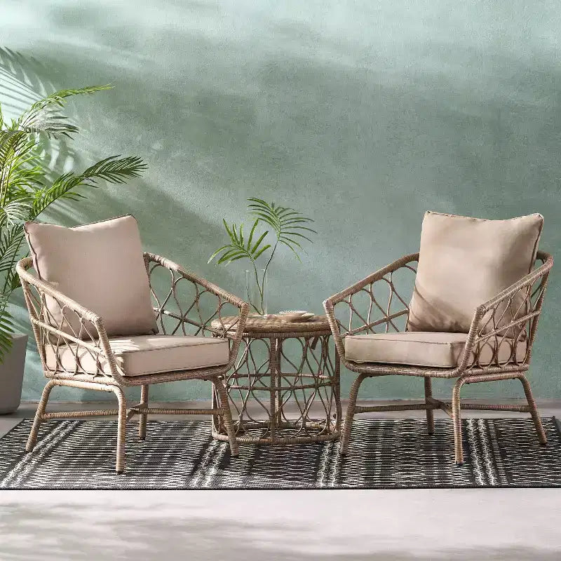 GDFStudio Colmar Set da salotto da esterno in vimini 3 pezzi con cuscini, Marrone chiaro/Beige