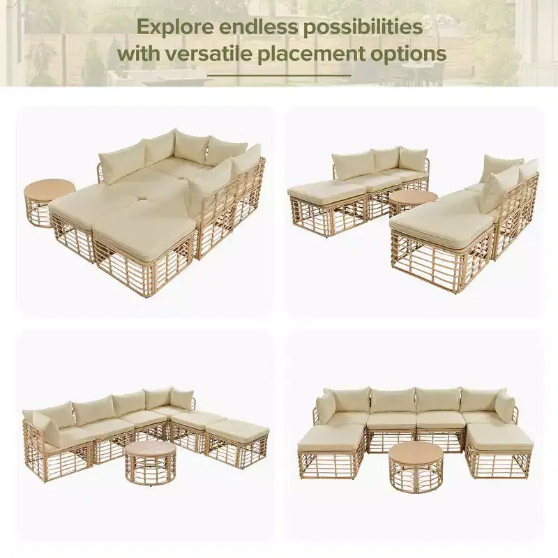 Divano componibile da esterno Whisen in rattan resistente alle intemperie, con cuscini spessi e cuscini decorativi, set componibili liberamente
