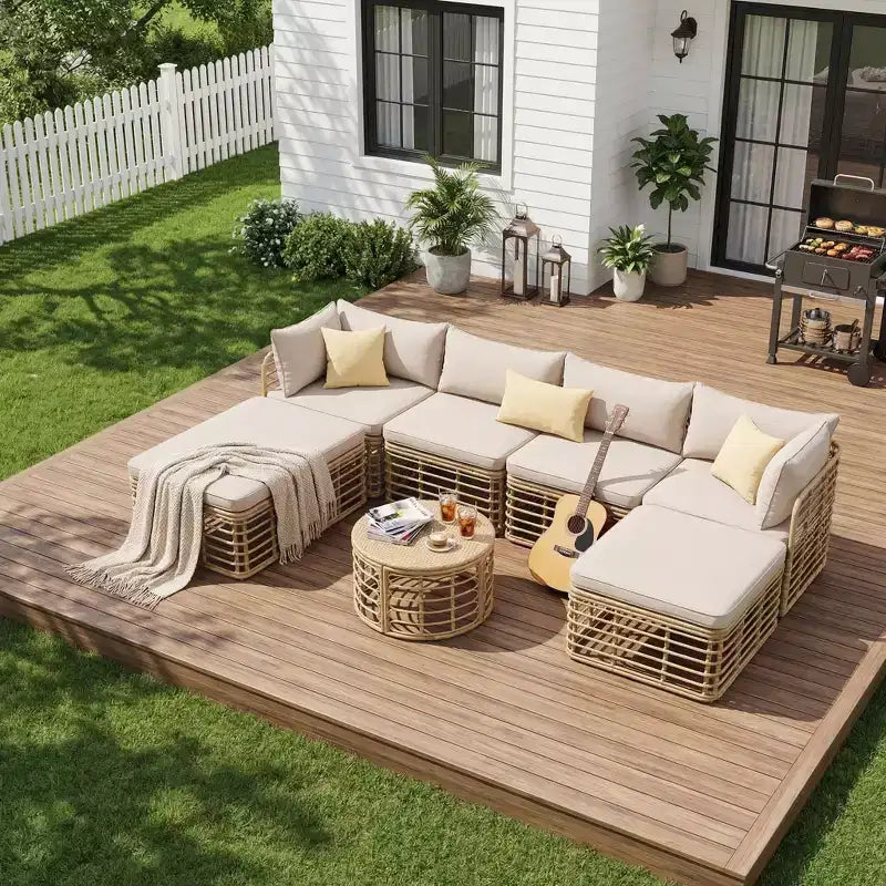 Divano componibile da esterno Whisen in rattan resistente alle intemperie, con cuscini spessi e cuscini decorativi, set componibili liberamente