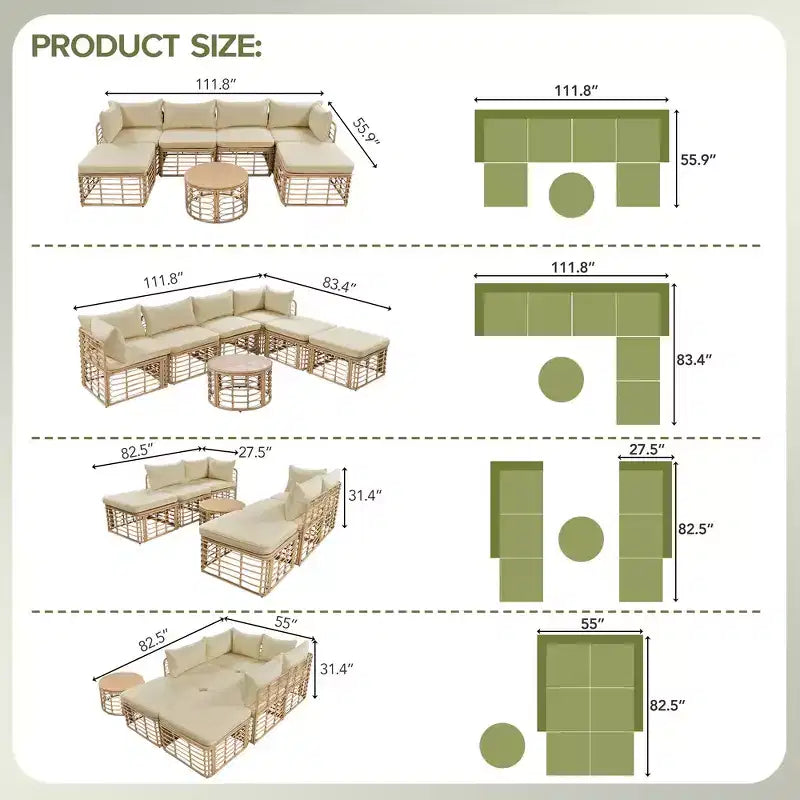 Divano componibile da esterno Whisen in rattan resistente alle intemperie, con cuscini spessi e cuscini decorativi, set componibili liberamente