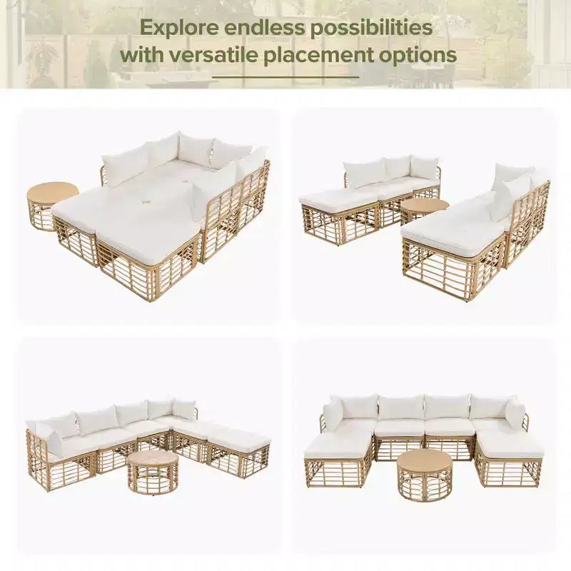 Divano componibile da esterno Whisen in rattan resistente alle intemperie, con cuscini spessi e cuscini decorativi, set componibili liberamente