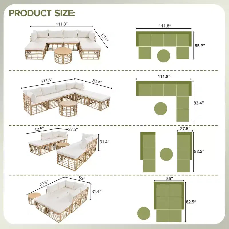 Divano componibile da esterno Whisen in rattan resistente alle intemperie, con cuscini spessi e cuscini decorativi, set componibili liberamente