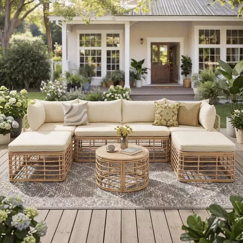 Divano componibile da esterno Whisen in rattan resistente alle intemperie, con cuscini spessi e cuscini decorativi, set componibili liberamente