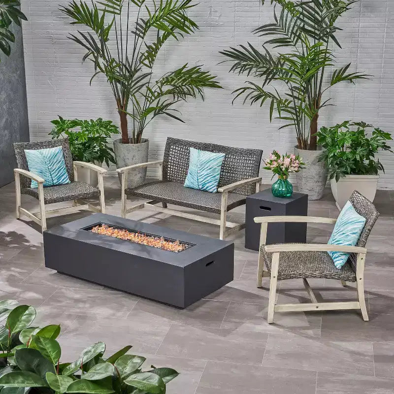 Christopher Knight Home Augusta Set Conversazione a 4 Posti da Esterno in Legno di Acacia e Vimini con Braciere