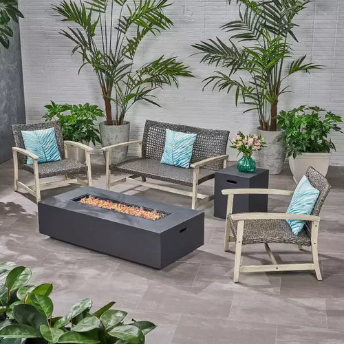 Christopher Knight Home Augusta Set Conversazione a 4 Posti da Esterno in Legno di Acacia e Vimini con Braciere