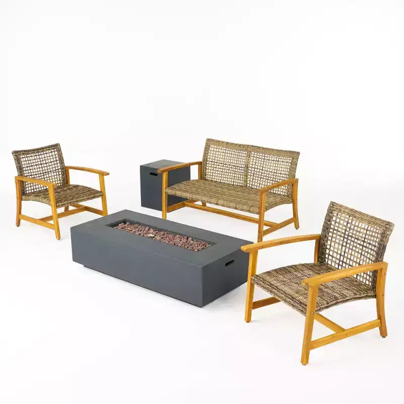 Christopher Knight Home Augusta Set Conversazione a 4 Posti da Esterno in Legno di Acacia e Vimini con Braciere