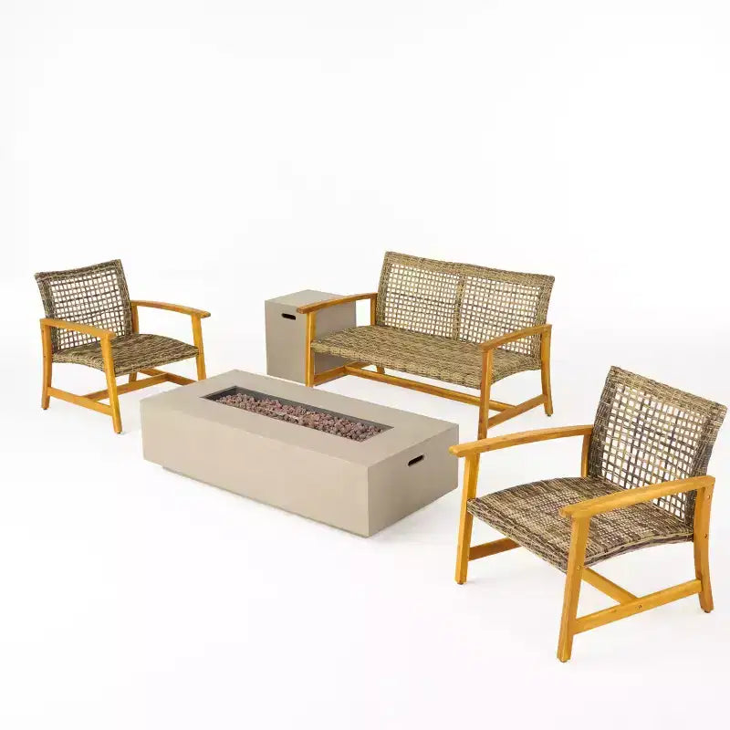 Christopher Knight Home Augusta Set Conversazione a 4 Posti da Esterno in Legno di Acacia e Vimini con Braciere