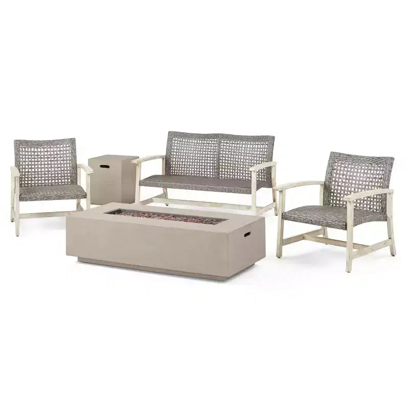 Christopher Knight Home Augusta Set Conversazione a 4 Posti da Esterno in Legno di Acacia e Vimini con Braciere