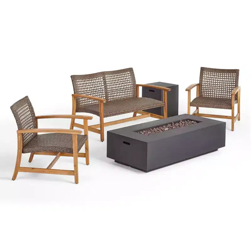Christopher Knight Home Augusta Set Conversazione a 4 Posti da Esterno in Legno di Acacia e Vimini con Braciere
