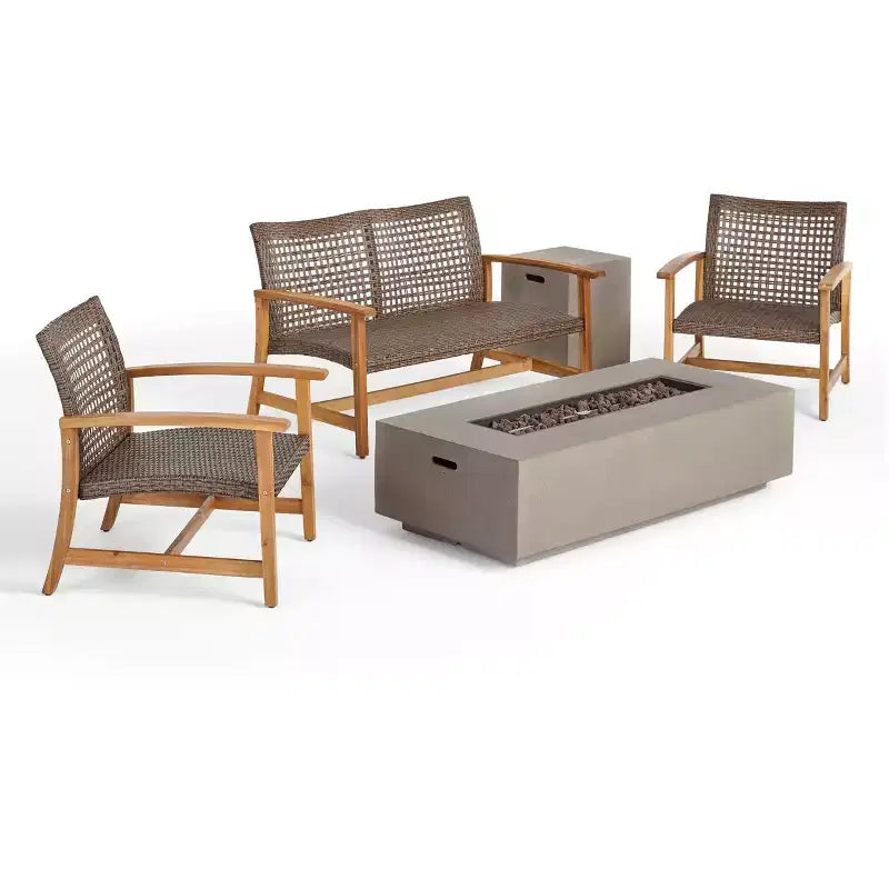 Christopher Knight Home Augusta Set Conversazione a 4 Posti da Esterno in Legno di Acacia e Vimini con Braciere