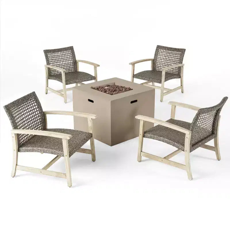 Christopher Knight Home Augusta Set di 5 pezzi da esterno con poltrona club e braciere in legno di acacia e vimini