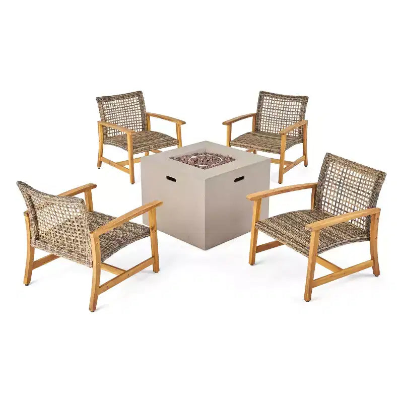 Christopher Knight Home Augusta Set di 5 pezzi da esterno con poltrona club e braciere in legno di acacia e vimini