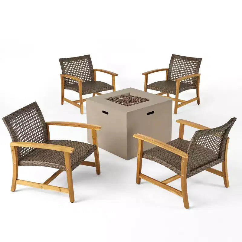 Christopher Knight Home Augusta Set di 5 pezzi da esterno con poltrona club e braciere in legno di acacia e vimini